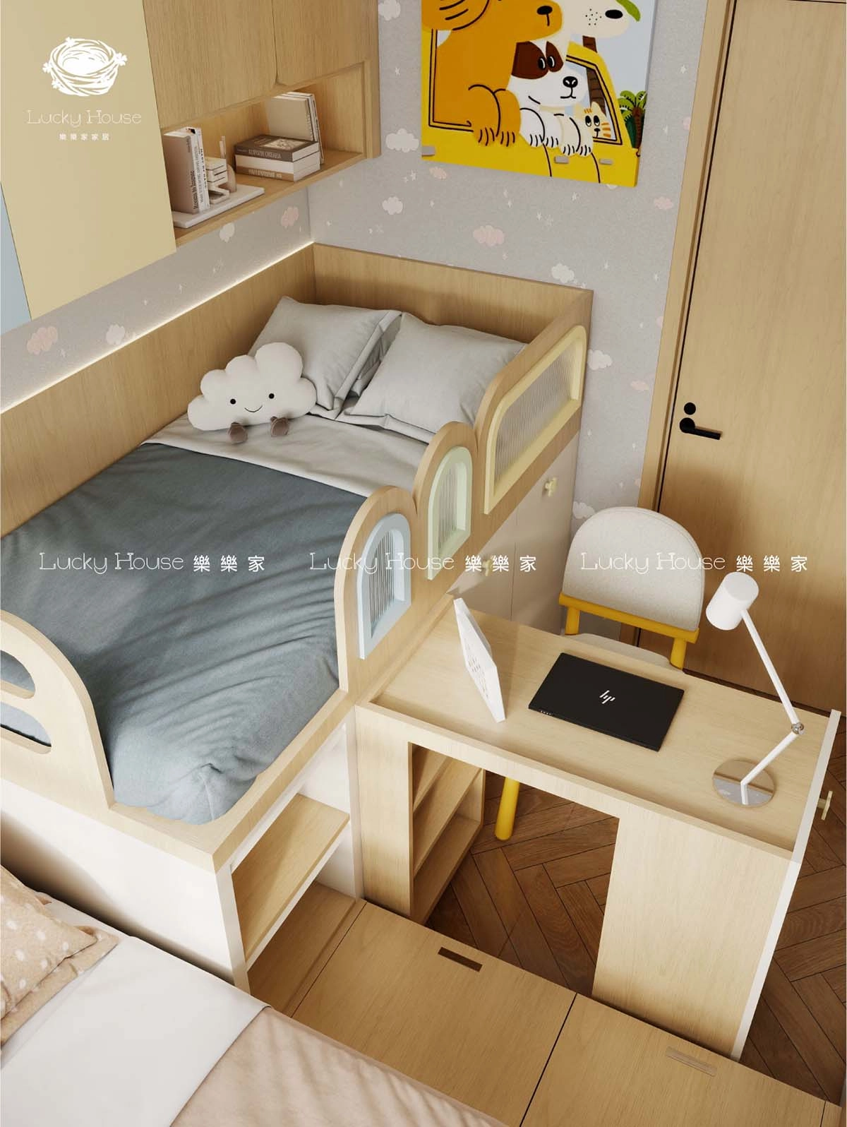 兒童房設計實圖【迎東邨日系風兒童房上下床+伸縮書台】
