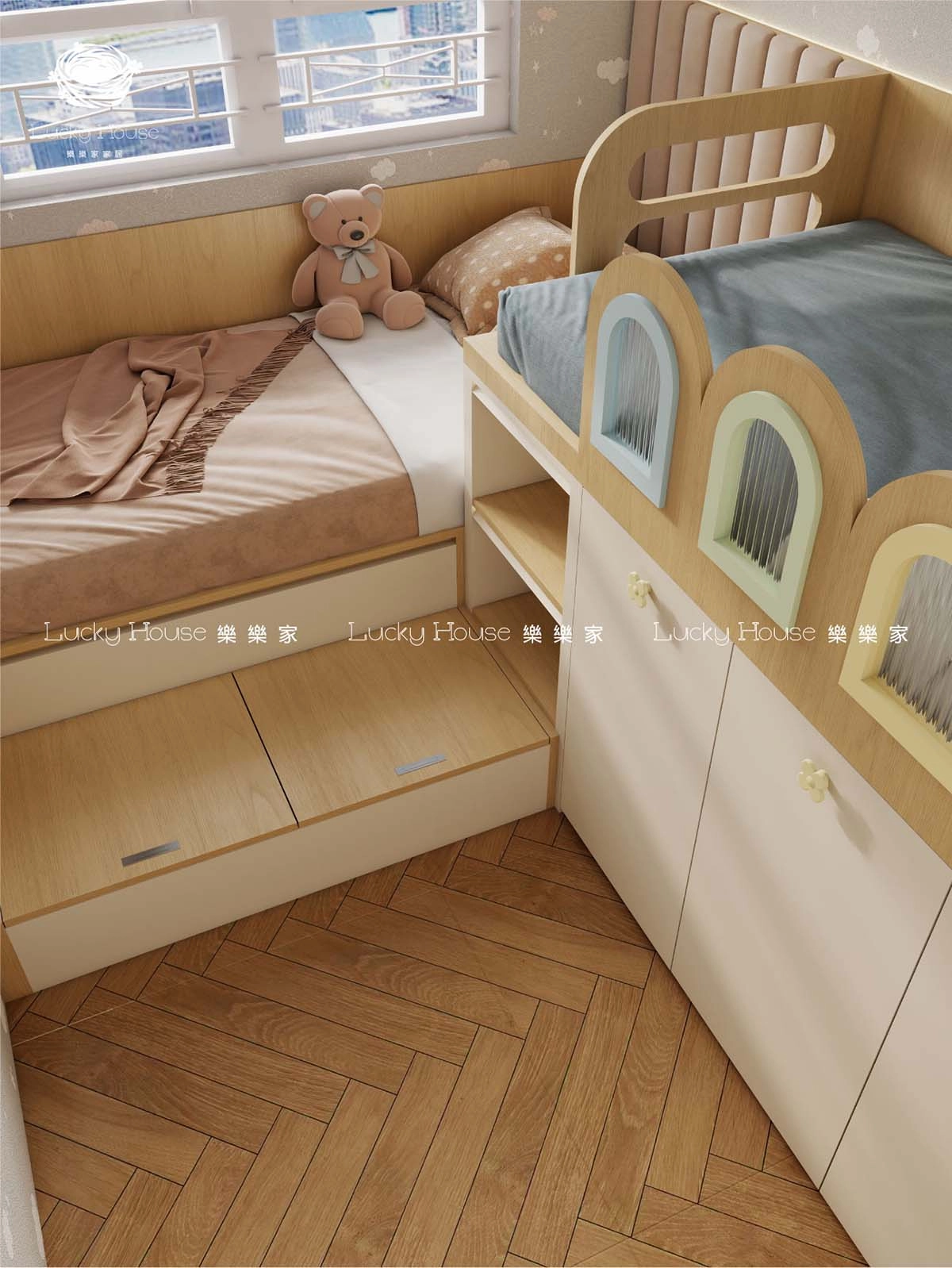 兒童房設計實圖【迎東邨日系風兒童房上下床+伸縮書台】