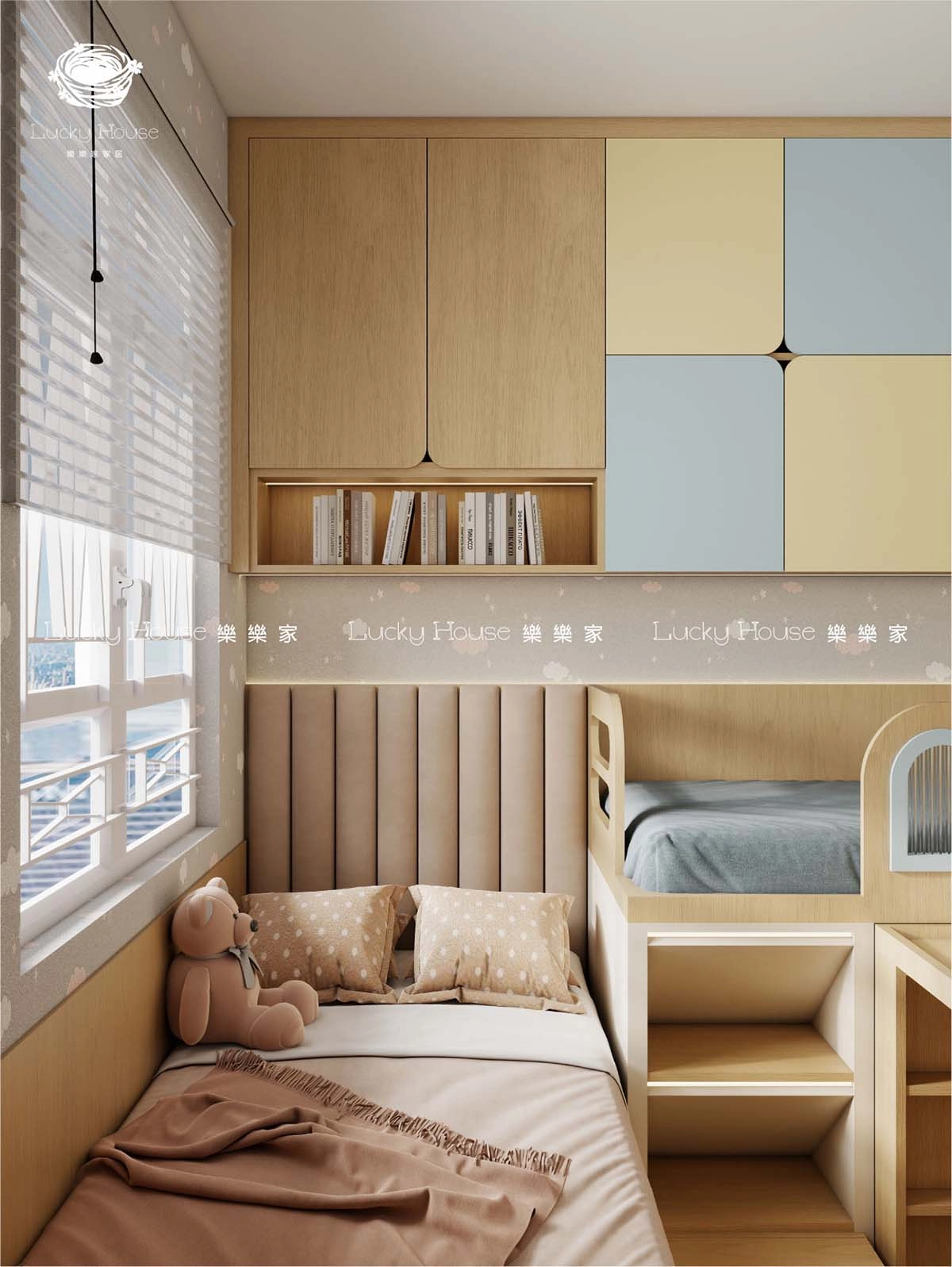兒童房設計實圖【迎東邨日系風兒童房上下床+伸縮書台】