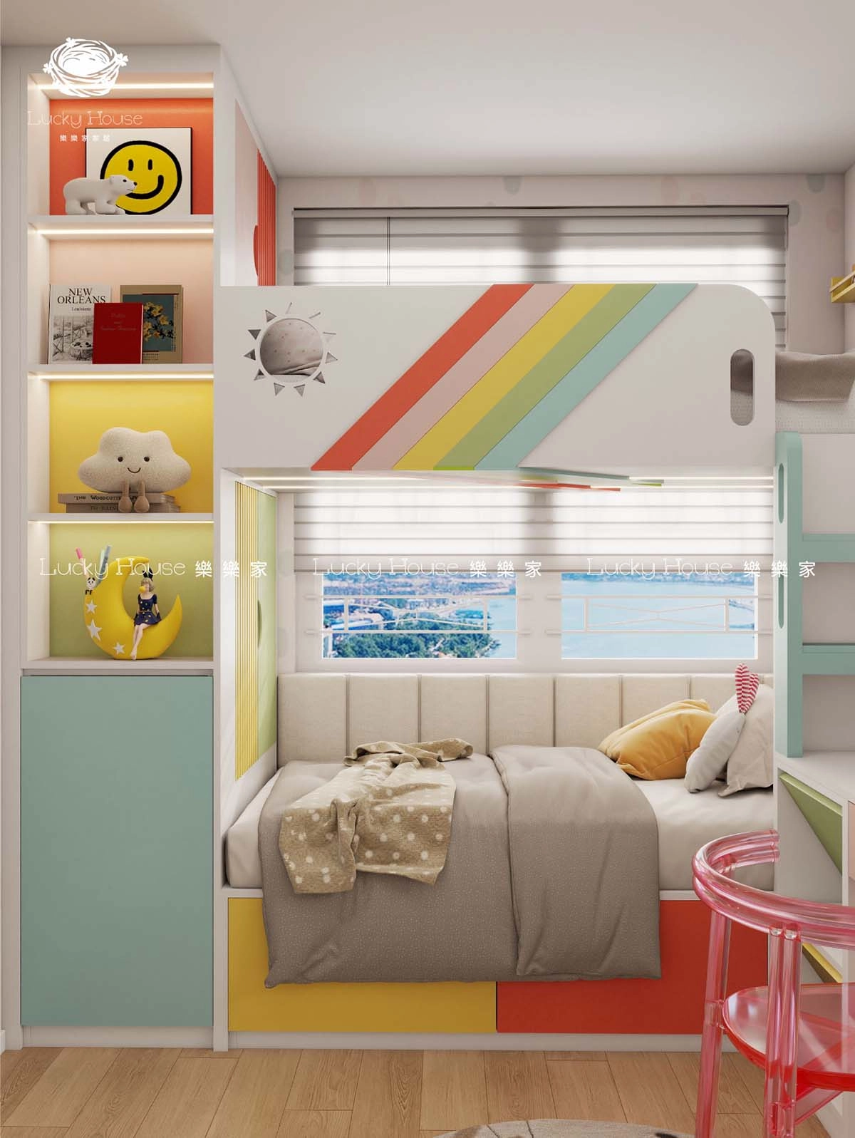兒童房設計實圖-海盈邨現代風彩虹上下床通用設計案例