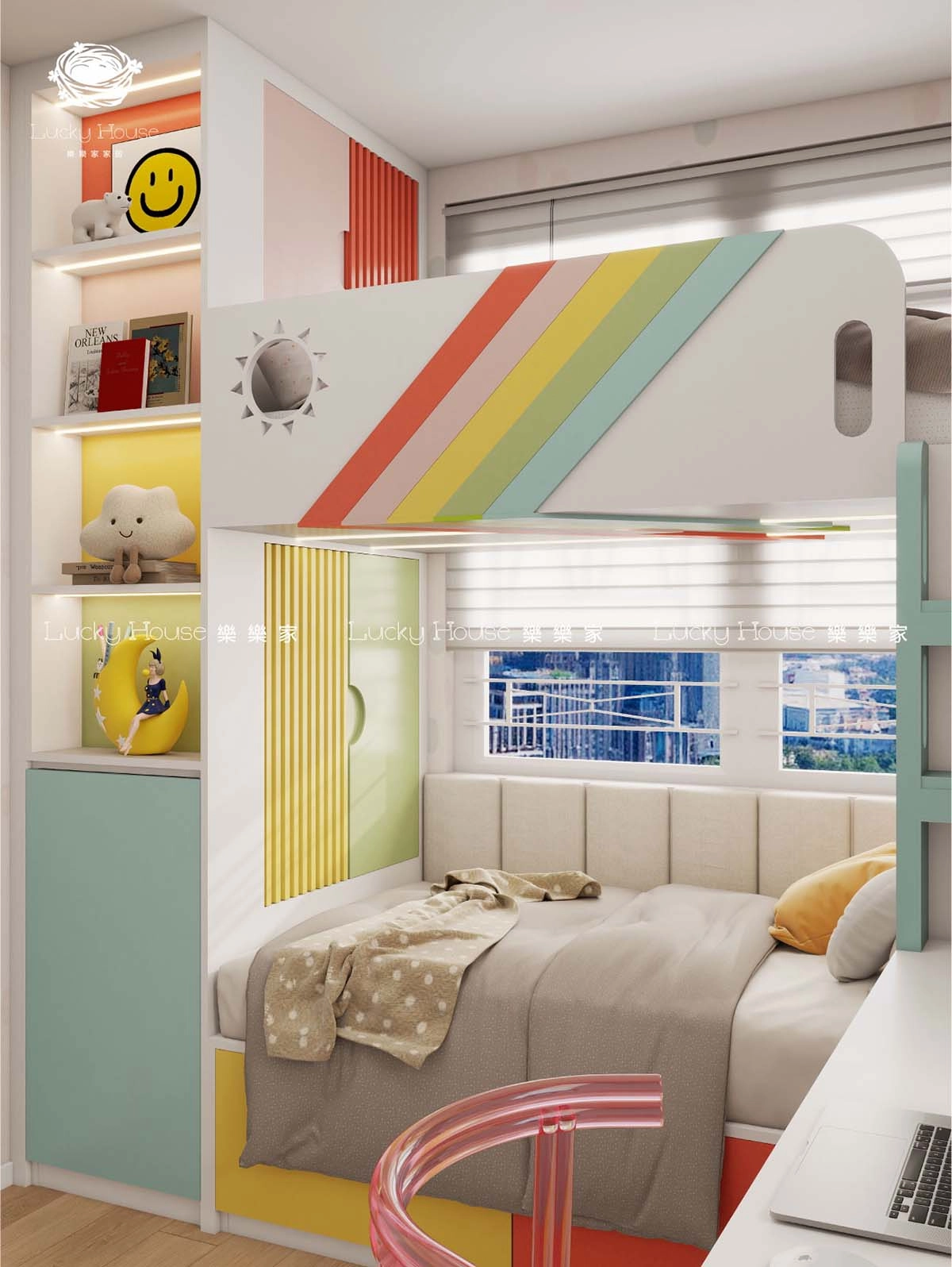 兒童房設計實圖-海盈邨現代風彩虹上下床通用設計案例