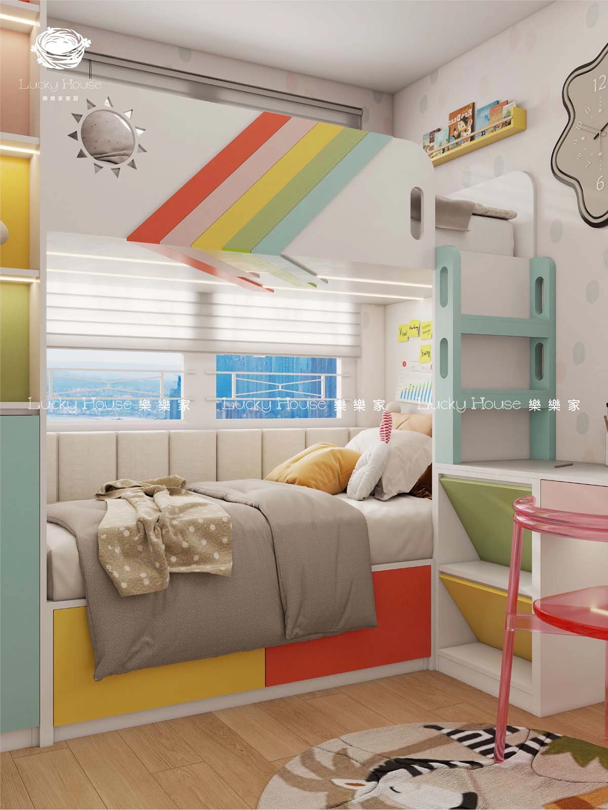 兒童房設計實圖-海盈邨現代風彩虹上下床通用設計案例