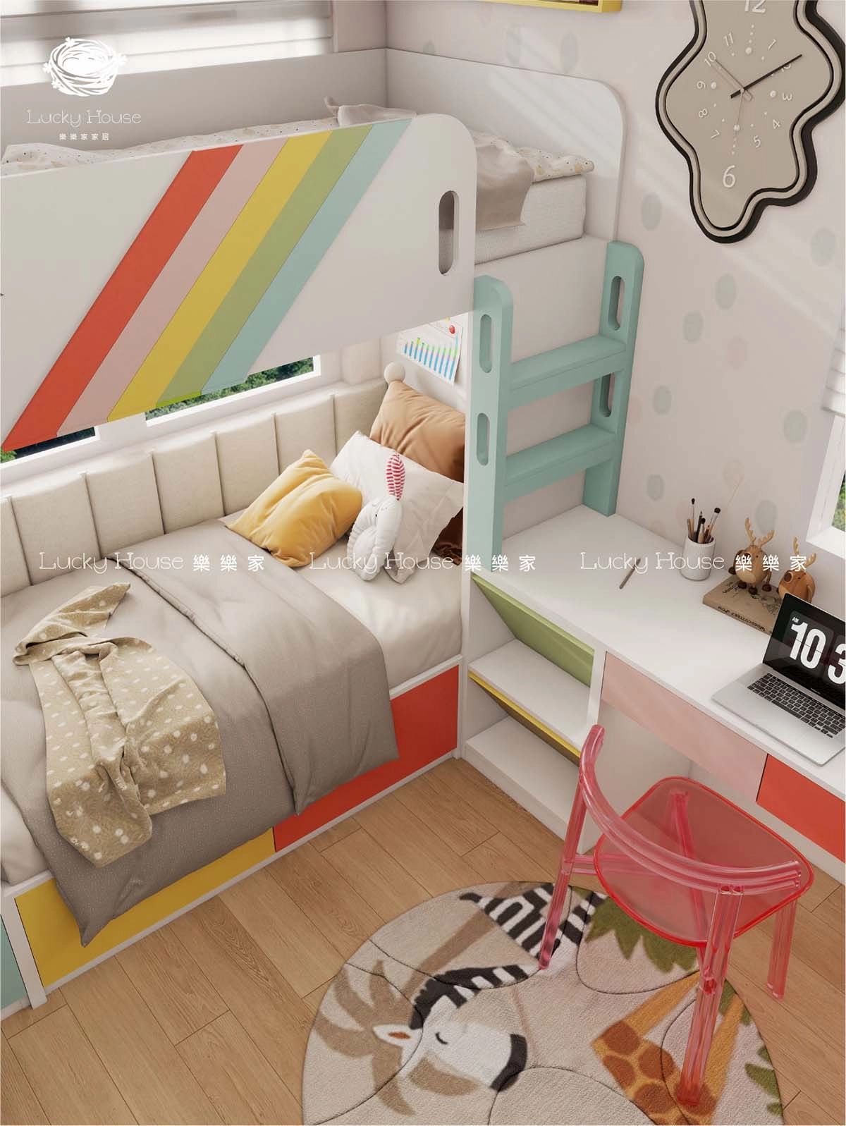 兒童房設計實圖-海盈邨現代風彩虹上下床通用設計案例