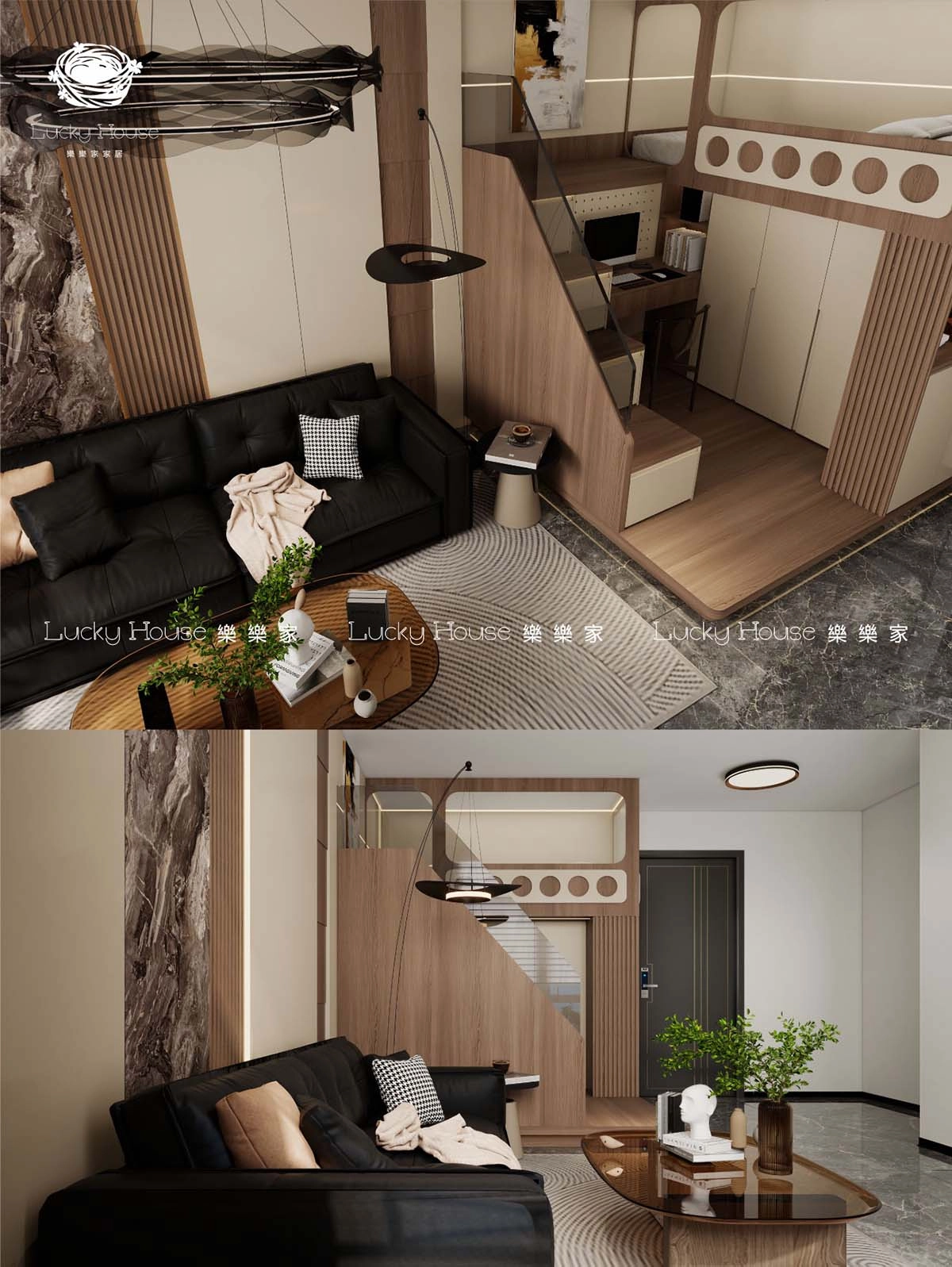 富蝶邨設計實圖【意式現代風廳間房上床下櫃延伸電腦枱設計案例通用】