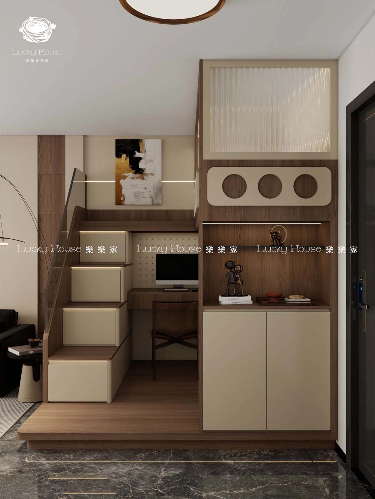 富蝶邨設計實圖【意式現代風廳間房上床下櫃延伸電腦枱設計案例通用】