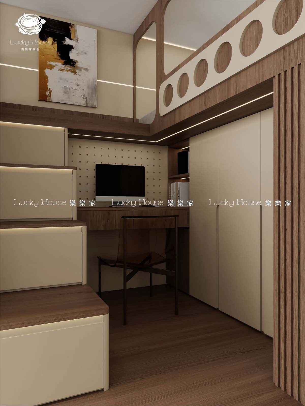 富蝶邨設計實圖【意式現代風廳間房上床下櫃延伸電腦枱設計案例通用】