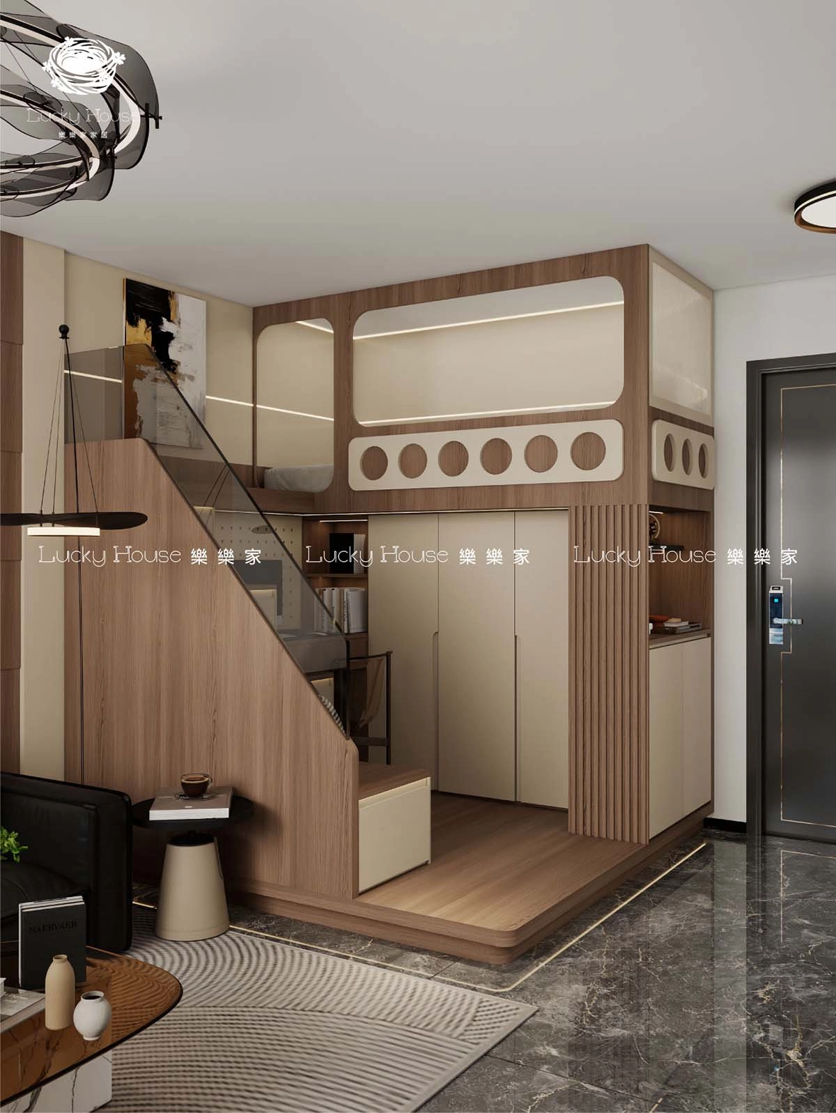 富蝶邨設計實圖【意式現代風廳間房上床下櫃延伸電腦枱設計案例通用】