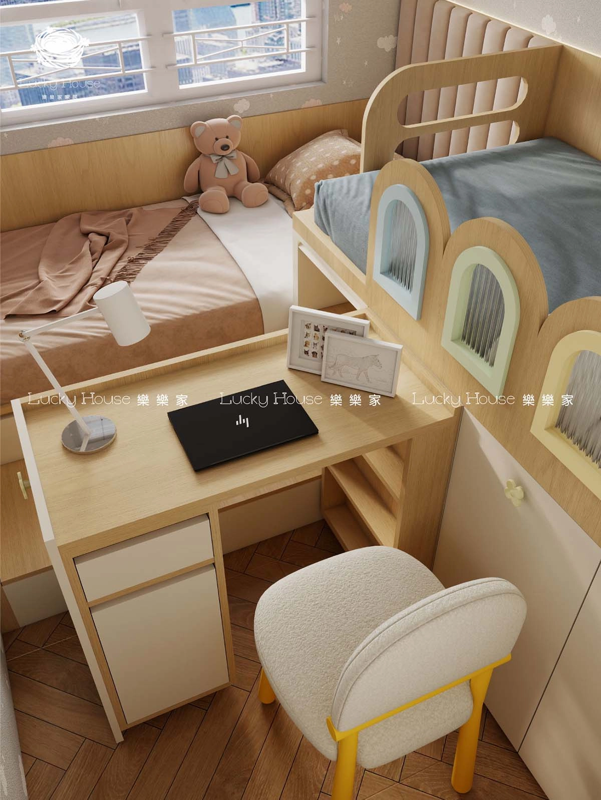 兒童房設計實圖【迎東邨日系風兒童房上下床+伸縮書台】