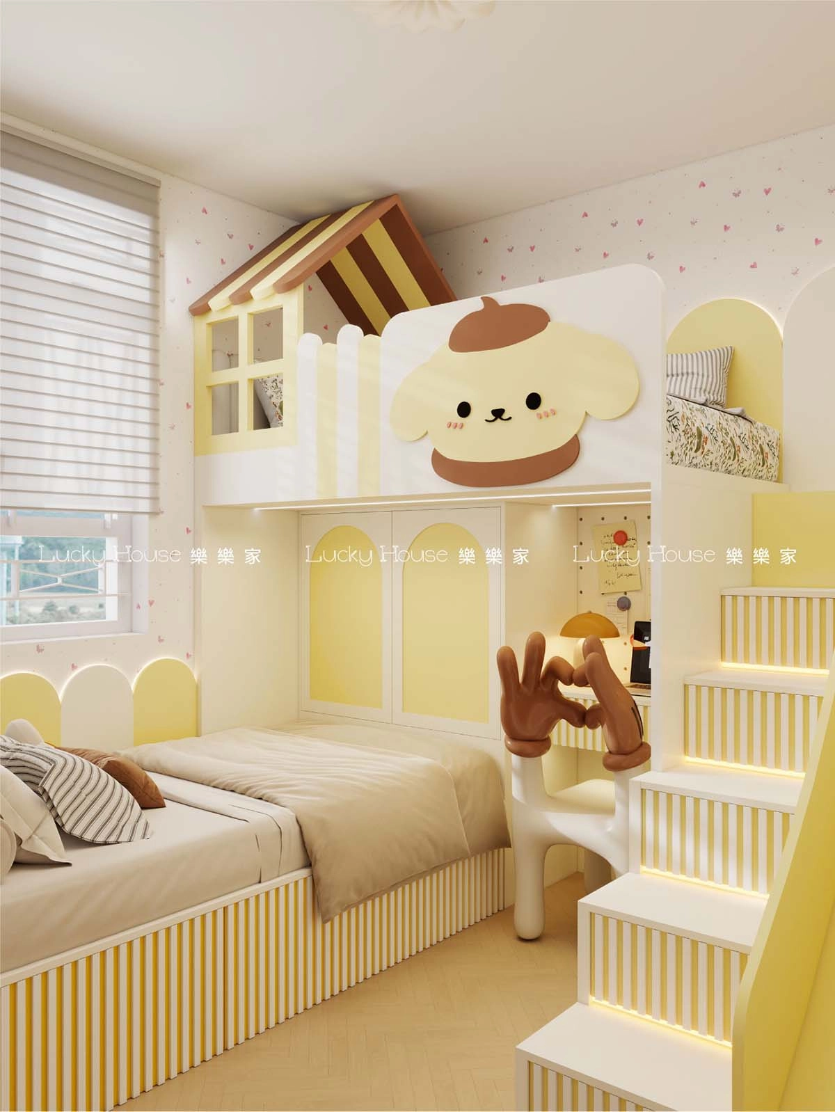 兒童房 現代風布丁狗主題滑梯上下床
