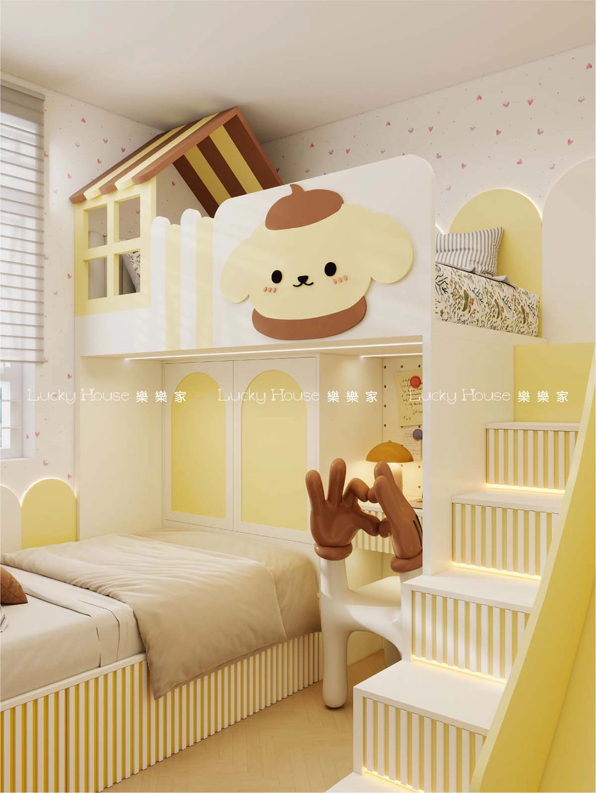 兒童房 現代風布丁狗主題滑梯上下床