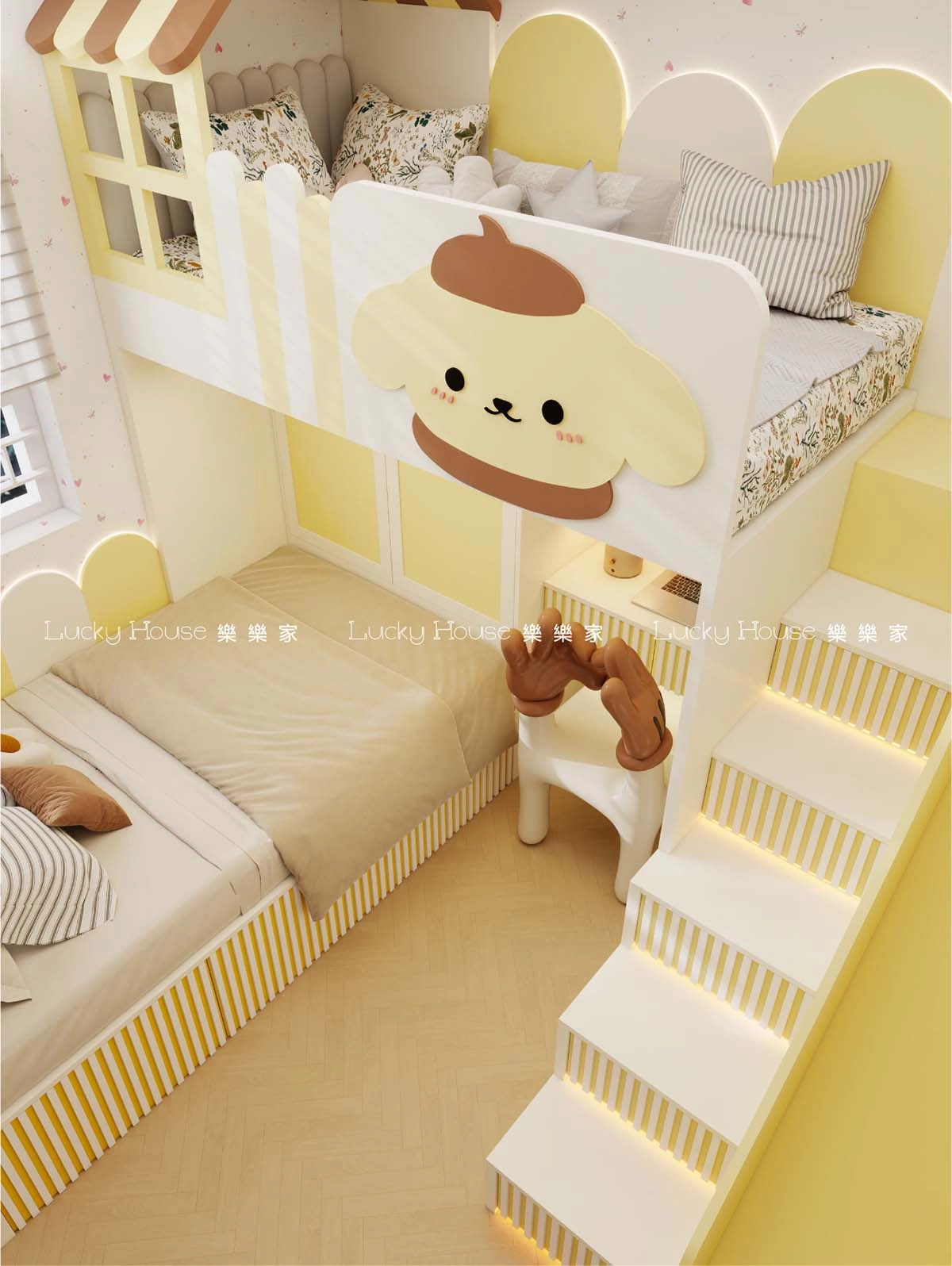 兒童房 現代風布丁狗主題滑梯上下床