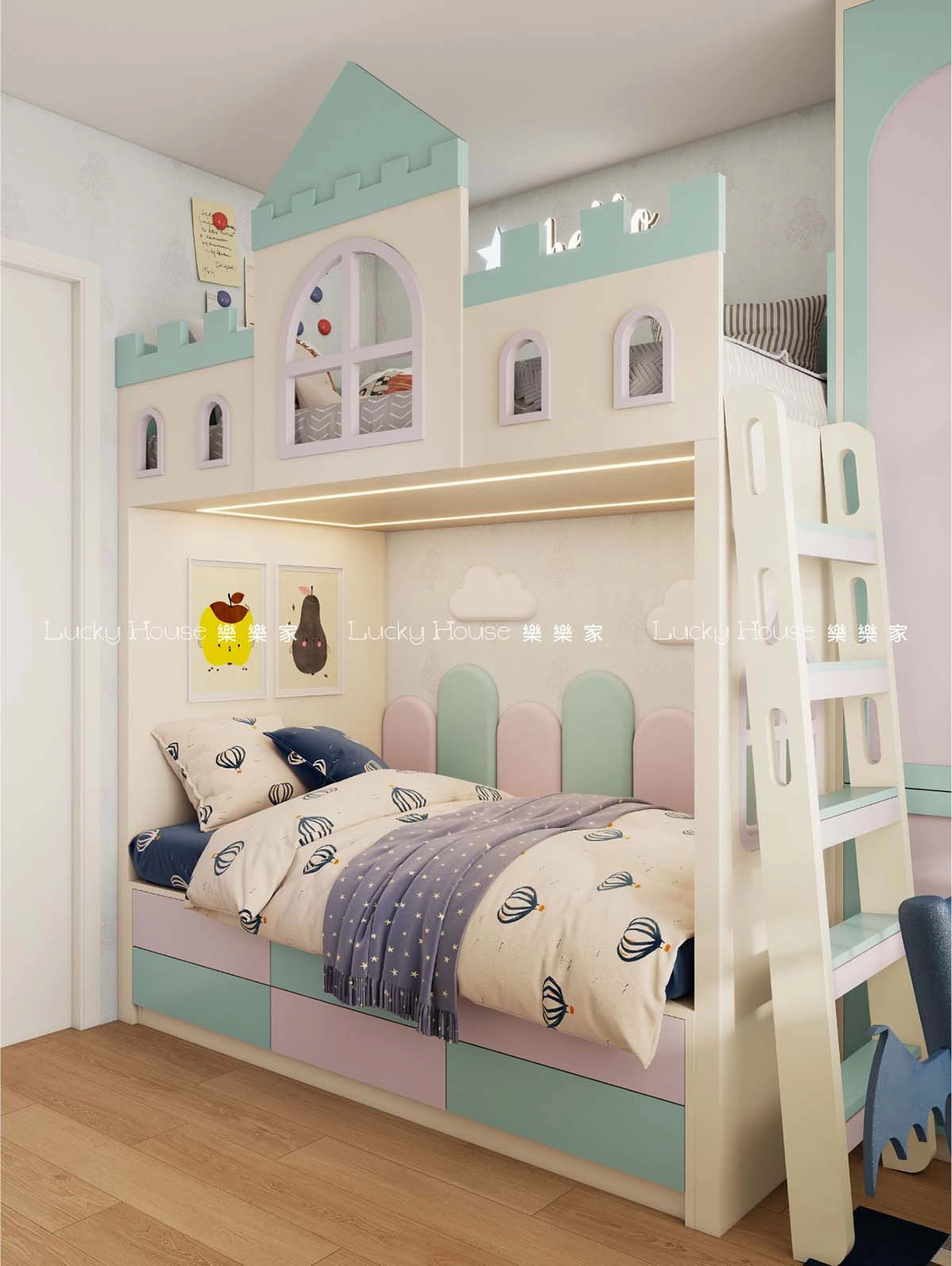 兒童房 紫藍城堡上下床