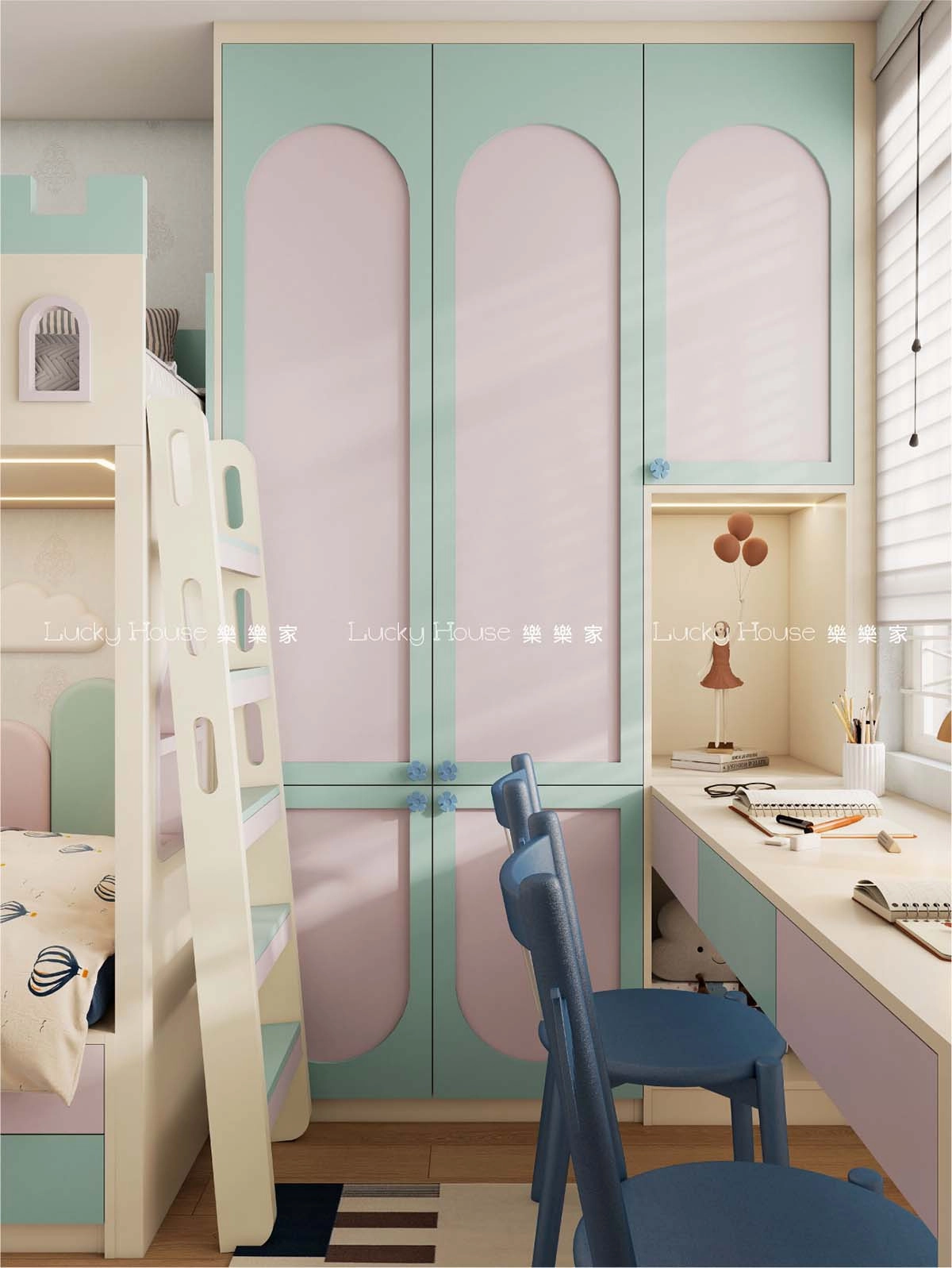 兒童房 紫藍城堡上下床