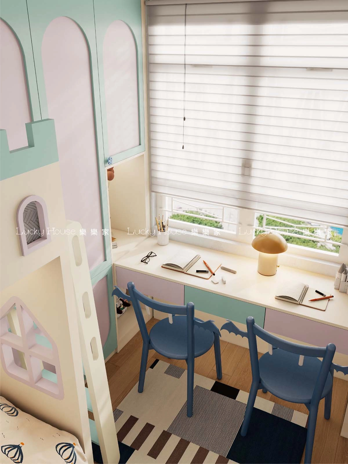 兒童房 紫藍城堡上下床